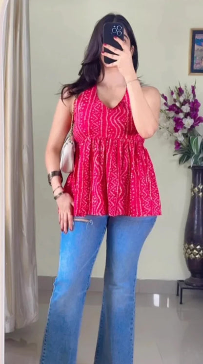 Pink Cotton Halter Neck Short Kurti KT-110