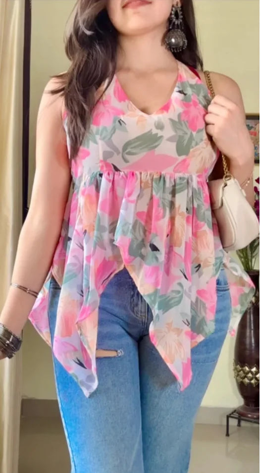 Pink Floral Halter Neck Short Kurti KT-125