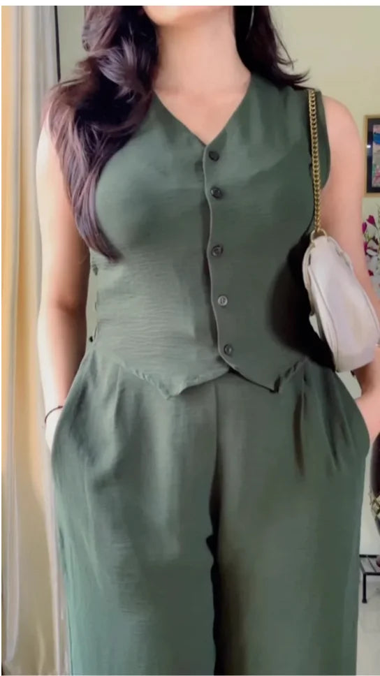 V-Neck Sleeveless Pure Cotton Waistcoat With Trouser-K179