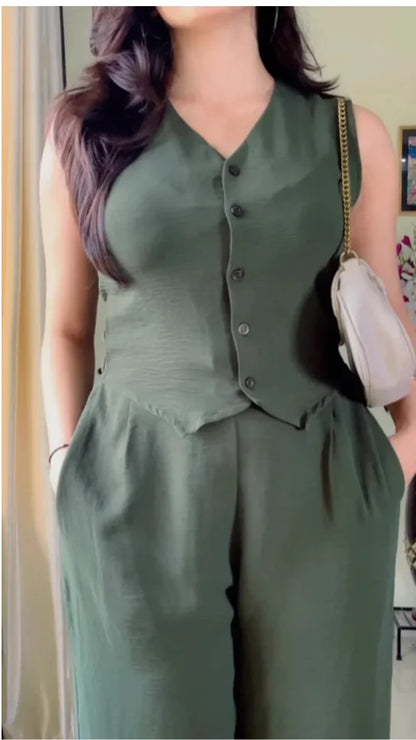 V-Neck Sleeveless Pure Cotton Waistcoat With Trouser-K179