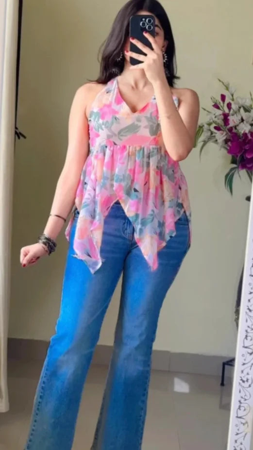 Pink Floral Halter Neck Short Kurti KT-125