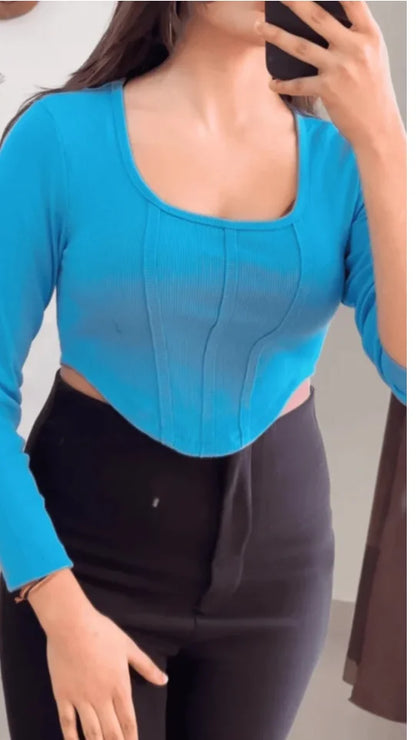 Blue Crop Ribbed Top-R125