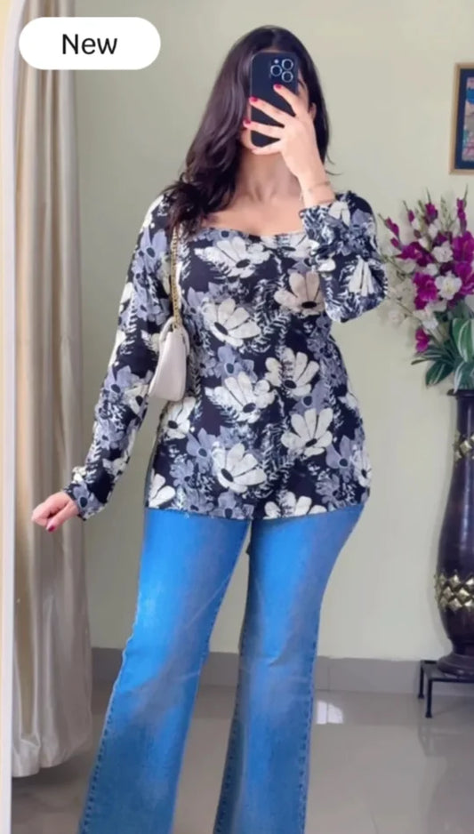 Women Black Floral Printed Square-Neck Pure Muslin Kurti KT-113