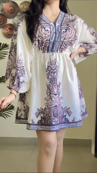 Women Ethnic Motifs Printed Chiffon Kaftan Mini Dress With Belt D-035