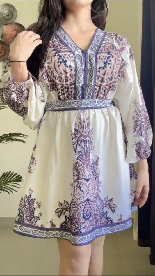 Women Ethnic Motifs Printed Chiffon Kaftan Mini Dress With Belt D-035