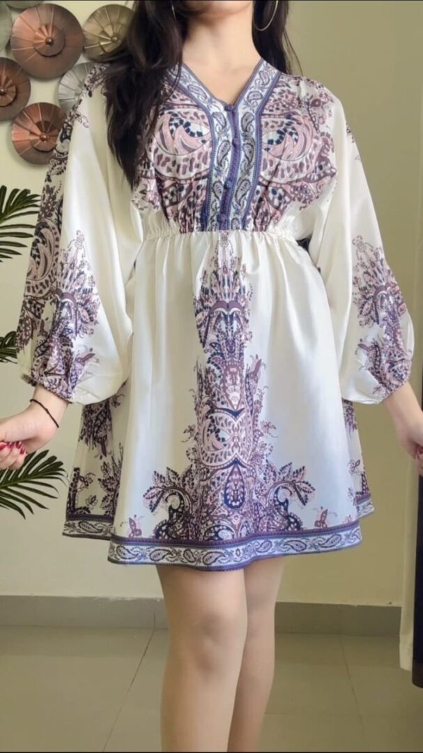 Women Ethnic Motifs Printed Chiffon Kaftan Mini Dress With Belt D-035
