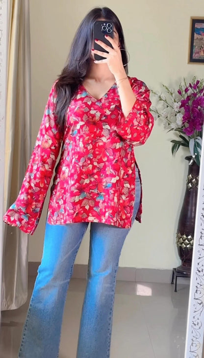 Floral Cherry Red Kurti (KT118)